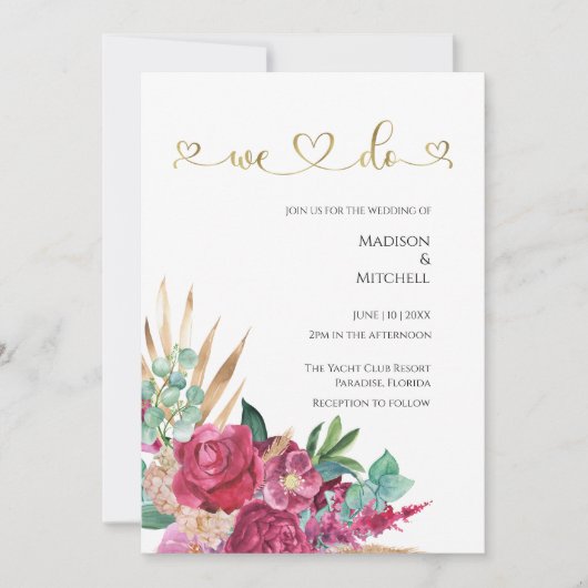 Heet roze magenta bloem elegante gouden script har kaart (Voorkant)