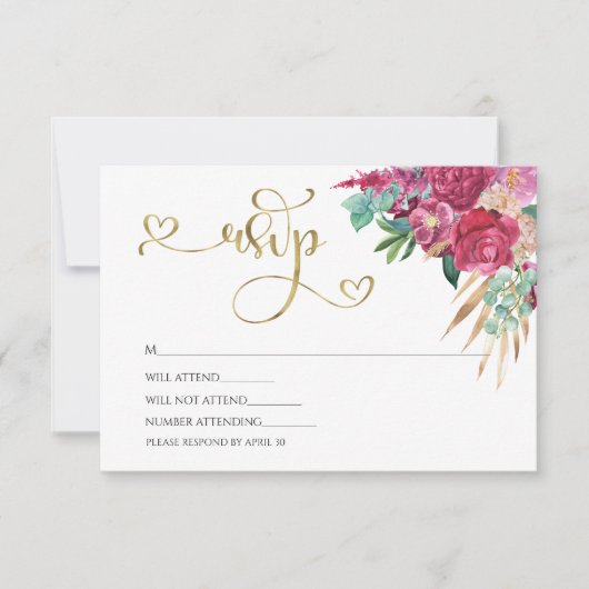 Heet roze magenta bloem elegante gouden script har RSVP kaartje (Voorkant)