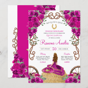 Heet Roze Magenta Bloemen Western Charro Quinceane Kaart