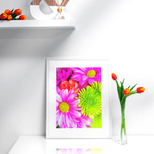 Heet Roze Margrieten En Groene Mums Poster