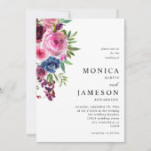 Heet roze & marineblauw bloemenbruiloft uitnodigin kaart (Voorkant)
