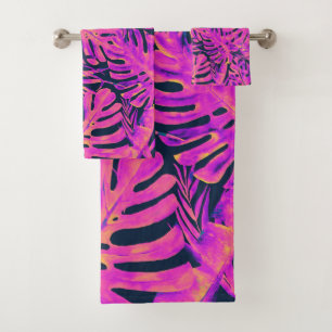 Heet Roze & Marineblauwe Tropische Palmbladeren Ei Bad Handdoek