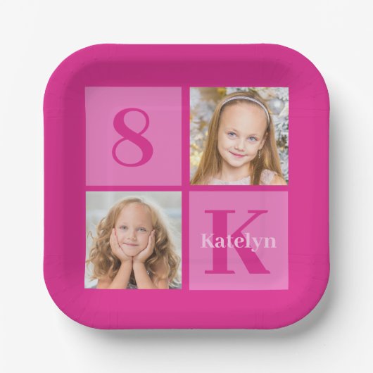 Heet Roze Meisje Fotocollage Custom Verjaardagsfee Papieren Bordje (Voorkant)