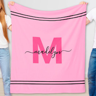 Heet Roze Meisjesachtig Schrift Naam Monogram Fleece Deken