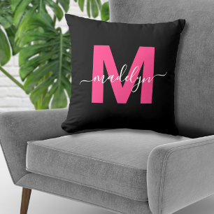 Heet Roze Meisjesnaam Initiaal Monogram Kussen