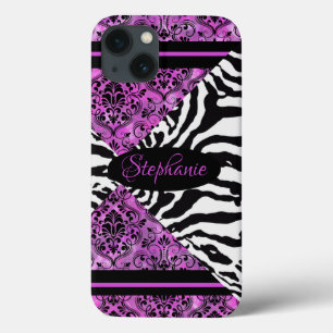 Heet roze met zebra patroon iPhone 13 hoesje
