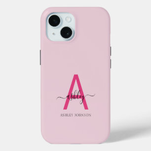 Heet Roze Moderne Script Meisjesachtig Monogram Na iPhone 15 Hoesje