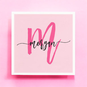 Heet Roze Moderne Script Meisjesachtige Monogramna Servet