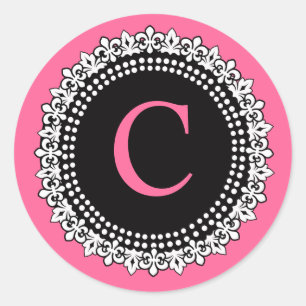 Heet Roze Monogram C Fleur de Lis Bruiloft Sticker