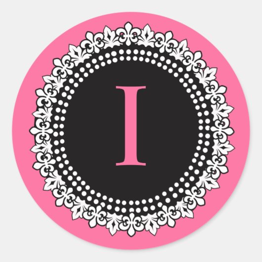 Heet Roze Monogram I Fleur de Lis Bruiloft Sticker (Voorkant)