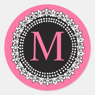 Heet Roze Monogram M Fleur de Lis Bruiloft Sticker
