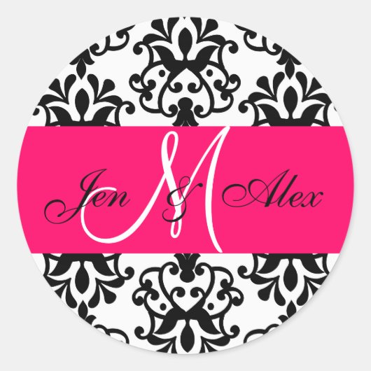 Heet Roze Monogram Namen Damask Bruiloft Seal Ronde Sticker (Voorkant)