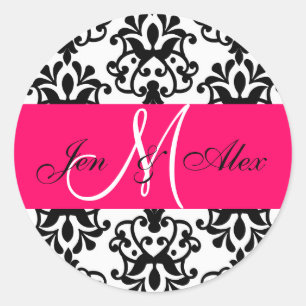 Heet Roze Monogram Namen Damask Bruiloft Seal Ronde Sticker