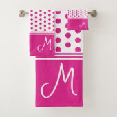 Heet Roze Monogram Polka Dot Bad Handdoek (Insitu)
