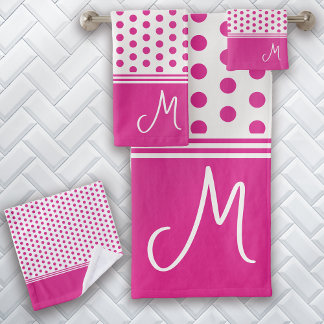 Heet Roze Monogram Polka Dot Bad Handdoek
