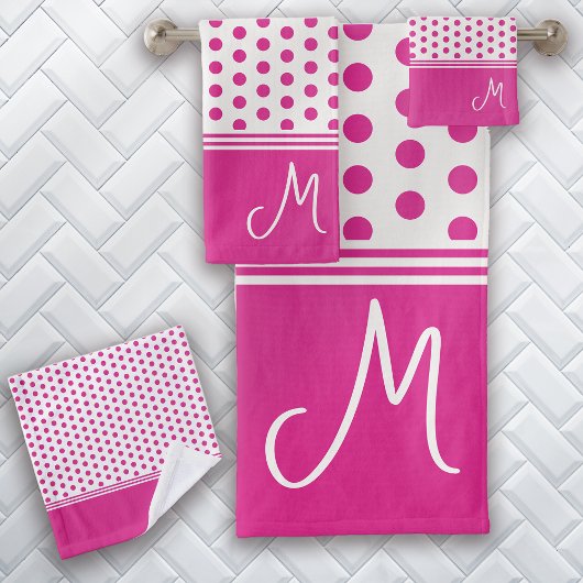 Heet Roze Monogram Polka Dot Bad Handdoek