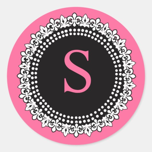 Heet Roze Monogram S Fleur de Lis Bruiloft Sticker (Voorkant)