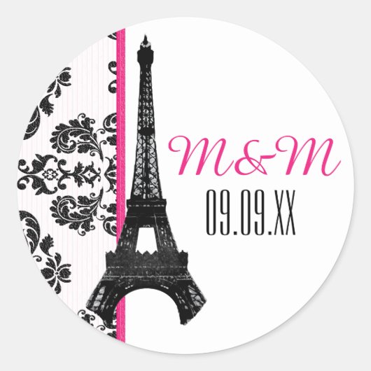 Heet Roze Monogrammed Damask Eiffeltoren Bruiloft Ronde Sticker (Voorkant)
