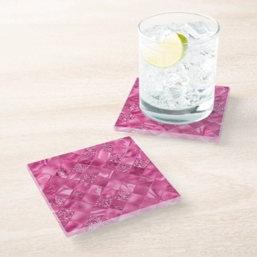 Heet Roze Multi-Textuur Vierkant Weefselpatroon Glazen Onderzetter (Schuin)