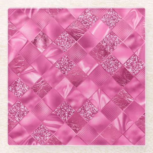 Heet Roze Multi-Textuur Vierkant Weefselpatroon Glazen Onderzetter (Voorkant)