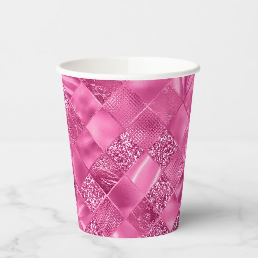 Heet Roze Multi-Textuur Vierkant Weefselpatroon Papieren Bekers (Links)