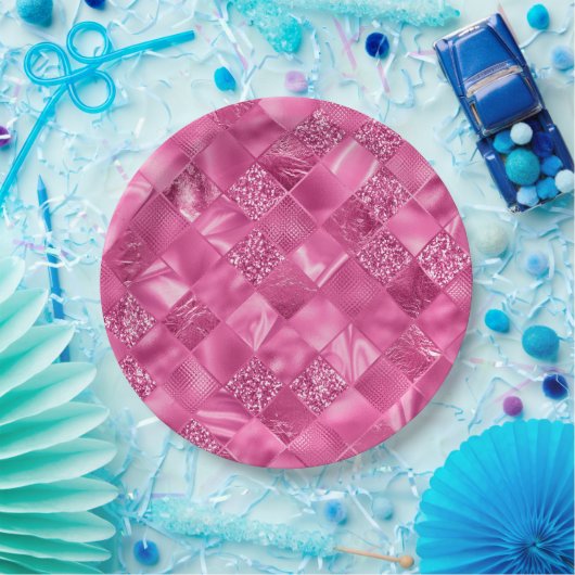 Heet Roze Multi-Textuur Vierkant Weefselpatroon Papieren Bordje (Feest)