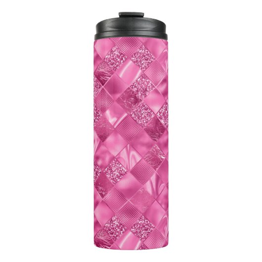 Heet Roze Multi-Textuur Vierkant Weefselpatroon Thermosbeker (Voorkant)