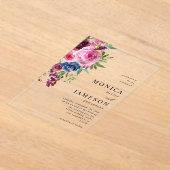 Heet Roze & Navy Blauw Bloemen Bruiloft 3 Acryl Uitnodigingen (Laagn)