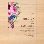 Heet Roze & Navy Blauw Bloemen Bruiloft 3 Acryl Uitnodigingen (Voorkant)
