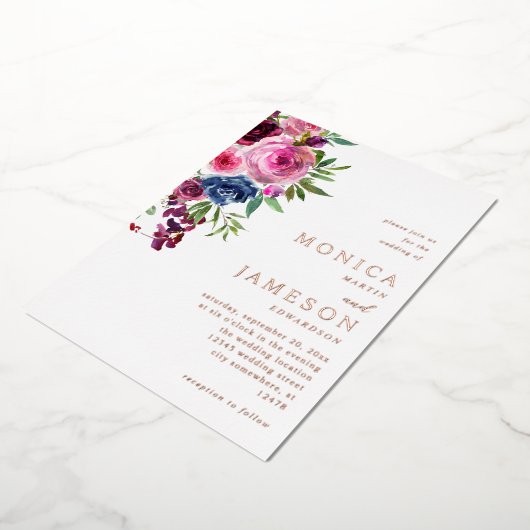 Heet Roze & Navy Blauw Bloemen Bruiloft 3 Folie Uitnodiging (Gedraaid)