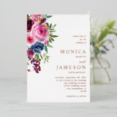 Heet Roze & Navy Blauw Bloemen Bruiloft 3 Folie Uitnodiging (Staand Voorkant)