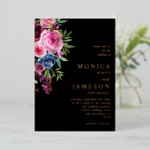 Heet Roze & Navy Blauw Bloemen Bruiloft 3 Zwart Folie Uitnodiging (Staand Voorkant)