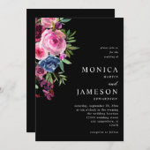 Heet Roze & Navy Blauw Bloemen Bruiloft Uitnodigin Kaart (Voorkant / Achterkant)