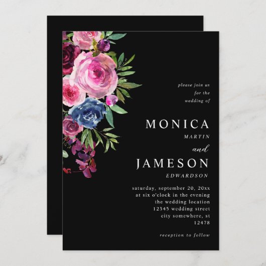 Heet Roze & Navy Blauw Bloemen Bruiloft Uitnodigin Kaart (Voorkant / Achterkant)