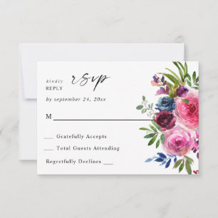 Heet Roze & Navy Blauw Bloemen geen Maaltijd V3 RSVP Kaartje