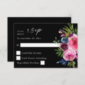 Heet Roze & Navy Blauw Bloemen geen Maaltijd V3 Zw RSVP Kaartje (Voorkant / Achterkant)