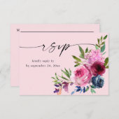 Heet Roze & Navy Blauw Bloemen met Maaltijd V3 Roz RSVP Kaartje (Voorkant / Achterkant)