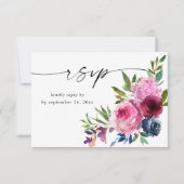 Heet Roze & Navy Blauw Bloemen met Maaltijd V3 RSVP Kaartje (Voorkant)