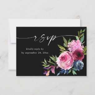 Heet Roze & Navy Blauw Bloemen met Maaltijd V3 Zwa RSVP Kaartje