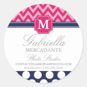 Heet Roze & Navy Chevron Zigzag Polka Dots Monogra Ronde Sticker