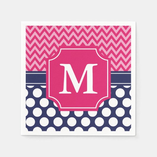 Heet Roze & Navy Chevron Zigzag Polka Dots Monogra Servetten (Voorkant)
