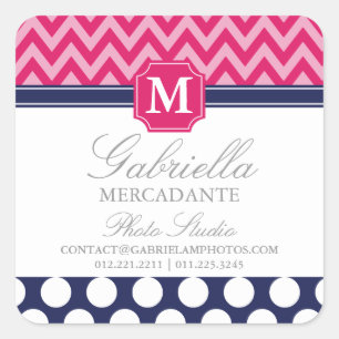 Heet Roze & Navy Chevron Zigzag Polka Dots Monogra Vierkante Sticker