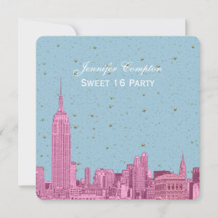 Heet Roze NYC Skyline Ets Blauw Sterrenstelsel SQ Kaart