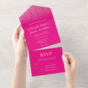 Heet Roze Ombre Glitter Bruiloft All In One Uitnodiging