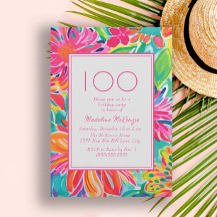 Heet Roze Oranje Aquarel Bloemen 100ste Verjaardag Kaart