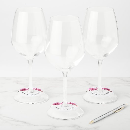 Heet Roze Orchideeën Tropische Bloemen Bruiloft Wijnglaslabel (Set)