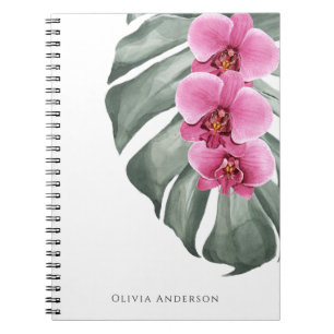 Heet Roze Orchideeën Tropische Waterverf Bloemen Notitieboek
