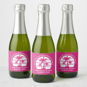 Heet Roze Palmboom Op Maat Gemaakte Vrijgezellenfe Sparkling Wijnetiket