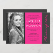 Heet Roze & Pinstripe Grijs Foto Afstuderen Kaart (Voorkant / Achterkant)