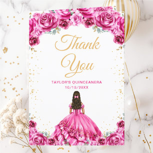 Heet Roze Prinses Bloemachtige Quinceañera Bedankkaart
